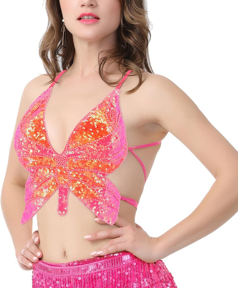 Mocure Womens Glitter Sequin Butterfly Crop Top Low-Cut Tank Top Rave Tube Vest Top for Belly Dance Costume Outfits - Image 3